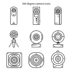 Set of 360 degree camera icons in thin line design.