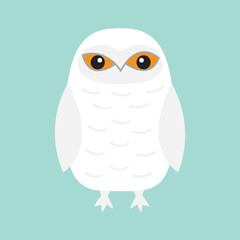 White Snowy owl. Sitting bird with wings. Snow barn. Yellow eyes. Arctic Polar animal collection. Baby education. Flat design. Isolated. Blue sky winter background.