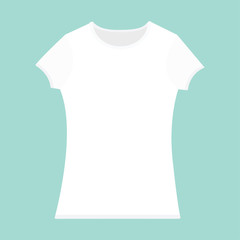 T-shirt template. White color. Woman model. T shirt mockup. Front side. Flat design. Isolated. Blue background.