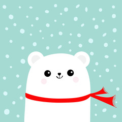 Polar white little small bear cub wearing red scarf. Head face with eyes and smile. Cute cartoon baby character. Arctic animal collection. Flat design Winter blue background Snow flake. Isolated.