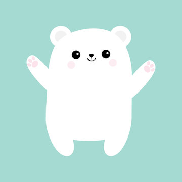 Polar white small little bear cub. Reaching for a hug. Cute cartoon baby character icon. Open hand ready for a hugging. Arctic animal collection. Flat design. Winter blue background. Isolated.
