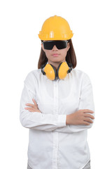 Architect or Engineer. woman Look smart portrait with crossed arms. Woman wearing protect helmet