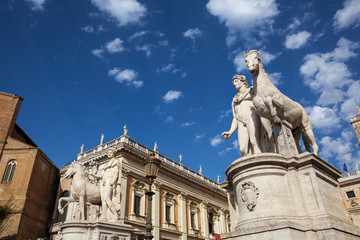 Fototapeta na wymiar Cordonata Capitolina and Dioscuri statues (Castor and Pollux) in the entrance to Capitoline Hill, Rome, Italy
