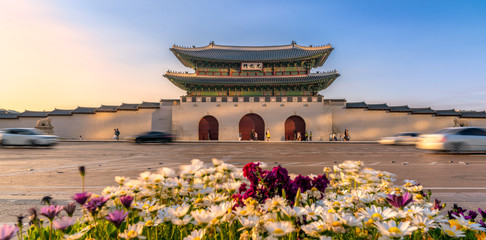 Fototapeta premium Pałac Gyeongbokgung z kwietnikiem na pierwszym planie W Korei Południowej, z nazwą pałacu „Gyeongbokgung” na znaku