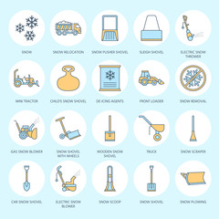 Snow removal colored flat line icons. Ice relocation service signs. Cold weather equipment - snow thrower, blower, truck, front loader, snow shovel. Vector illustration, industrial cleaning symbols.