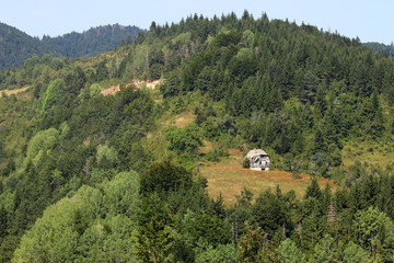 Fototapeta na wymiar ruined cottage on mountain landscape