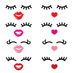 Eyelashes and lips vector icons, pretty girl's face, closed eyes and heart lips - beauty concept
 