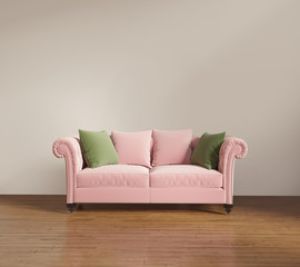 Modern living room with salmon red sofa