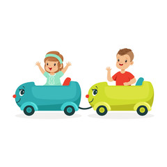 Fototapeta premium Cute happy little boy and girl riding a train, kid have a fun in amusement park cartoon vector Illustration