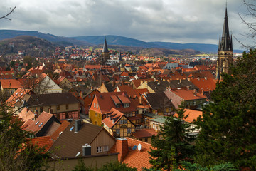 Wernigerode, Cityview over the rooftops of timber-framed buildings