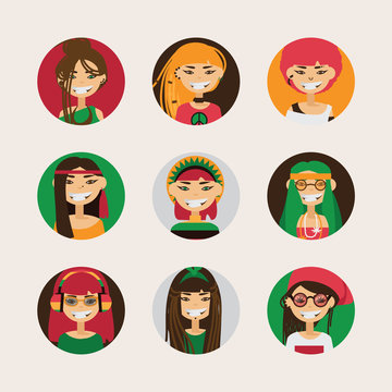 Vector user avatars of cute rastafarian girls with various hairstyle, color and different accessories and clothes style. Bright set with smiling female characters