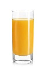 Glass of fresh orange juice on white background