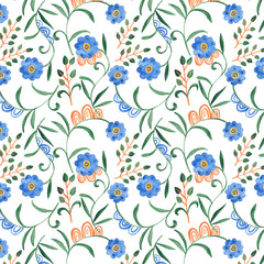 акварельный паттерн, обои с синими цветами и растениями