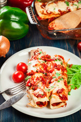 Traditional mexican enchiladas with chicken meat, spicy tomato sauce and cheese on a plate