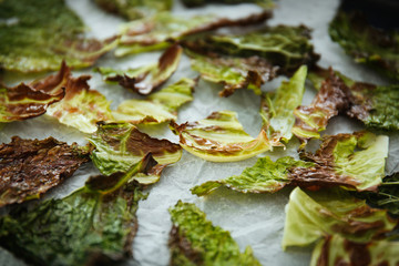 Lettuce chips on parchment paper, closeup