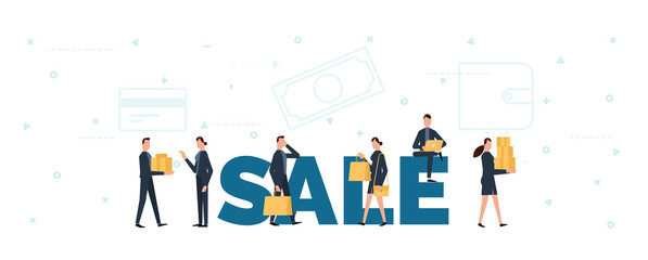 lettering of sale concept with people are using laptop and smartphones for shopping and mobile e-commerce.