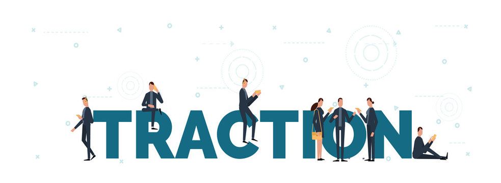 lettering of traction concept with people are using laptop and smartphones for play social network.