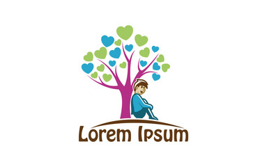 Child resting on a tree with heart-shaped leaves
