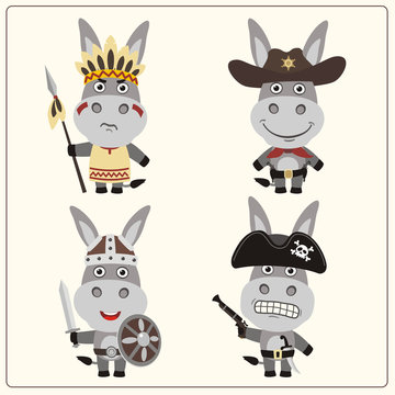 Set isolated donkey in cartoon style for design children holiday and birthday. Funny donkey in costume of viking, american indian, cowboy and pirate.