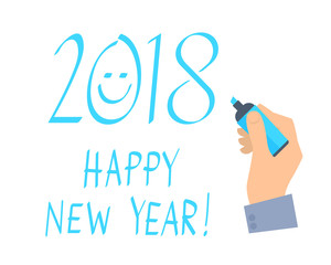 Businessman's hand with a highlighter writes a 2018 new year congratulation. Flat concept illustration of hand, blue marker, the Happy new year. Isolated vector design element for web, presentation.