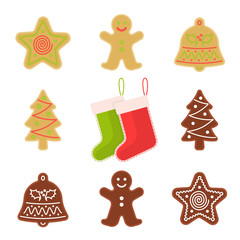 Traditional xmas cookies symbols: gingerbread, christmas tree, star, bell, socks. Flat illustration of christmas winter holiday sweet baked treats. Isolated on white background vector design elements.