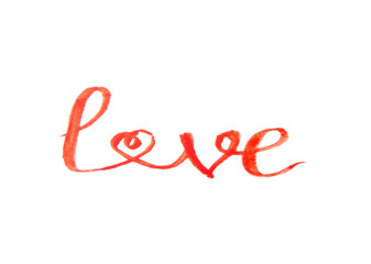 Word Love written with red watercolor paint (with one of the letters shaped as a heart), isolated on white