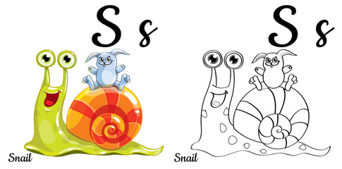 Snail. Vector alphabet letter S, coloring page