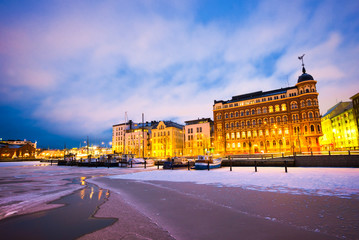 Scenic winter view the frozen Old Port in Katajanokka district  in Helsinki, Finland
