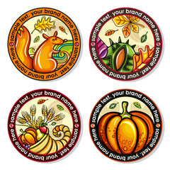 Vector set of Seasonal Autumn round drink coasters for cold, hot beverages. Cartoon fall designs for bar, pub, coffee shop, to place tea mug or beer bottle. Laves, nuts, squirrel, cornucopia, pumpkin