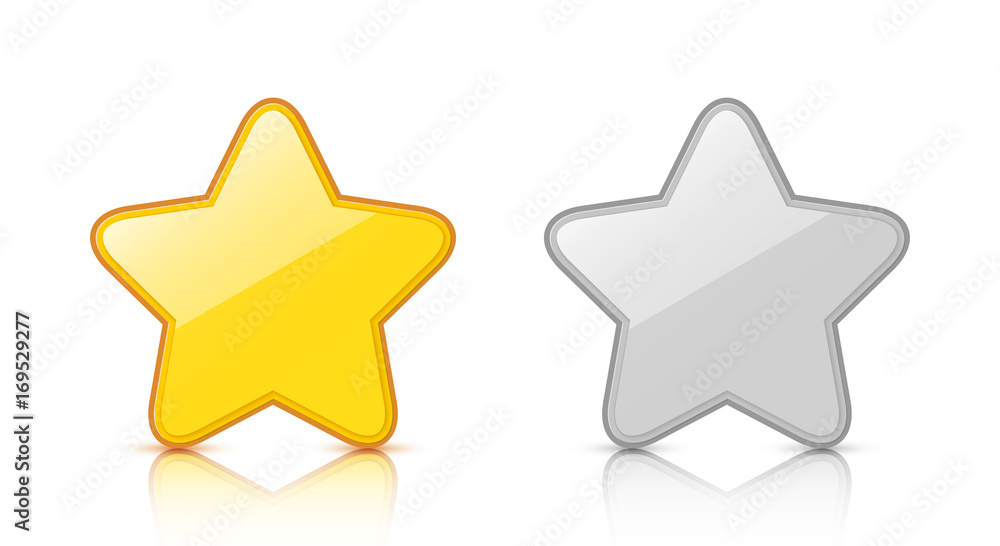 Poster set of glossy golden & silver star icons with reflection isolated on white background. vector eps10