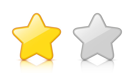 Set of glossy golden & silver star icons with reflection isolated on white background. Vector EPS10