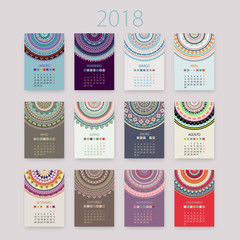 Abstract 2018 vector Portuguese calendar with circle ornament mandala. Vintage background. Ornamental circle business cards, oriental illustration. Eastern geometric pattern. Tribal card template.