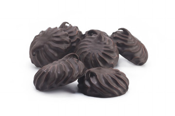 Marshmallows in chocolate isolated on white background
