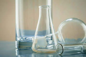 Lab glassware, science laboratory research and development concept