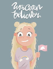 Unique hand drawn lettering quote about unicorns - unicorn believer-isolated on white background. cute cartoon girl in t-shirt with rainbow.