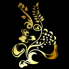 Traditional Russian ornament with elements of folk Khokhloma style. A floral print in gold colors. Vector illustration.
