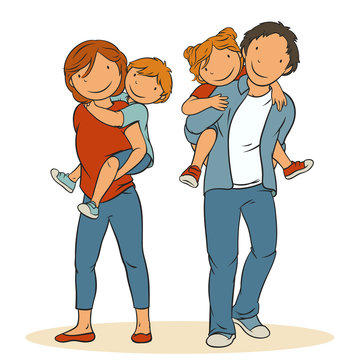 Parents And Children Playing, Piggyback, Vector Illustration.
