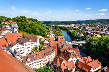 Brücke Neckar Tübingen Stadt Baden Württemberg Fluss - obrazy, fototapety, plakaty