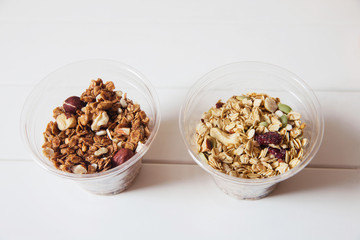 healthy breakfast homemade baked granola or muesli with fresh blueberries white background