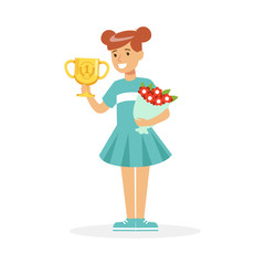 Happy school girl holding winner cup and bouquet of flowers, kid celebrating her victory cartoon vector Illustration