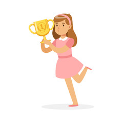 Happy school girl in pink dress holding winner cup, kid celebrating her victory cartoon vector Illustration