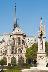 Notre-Dame de Paris cathedral from the gardens on a sunny day, paris, France