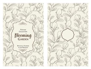 Fototapeta premium Invitation card with flowers. Blossom magnolia for you personal cover. Magnolia pattern. Floral theme for book cover. Botanical texture illustration in style of engraving. Vector illustration.