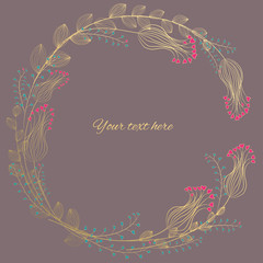 floral round wreath against a dark background. Vector illustration of wild flowers and leaves. Gold. Frame. Border.