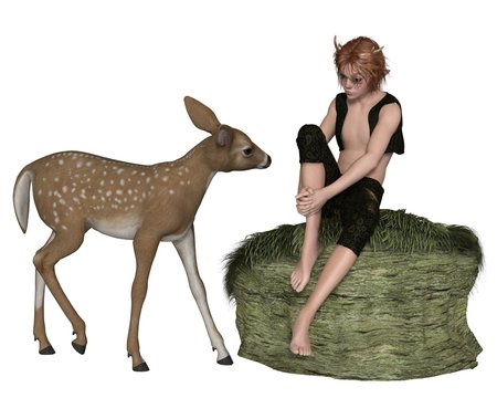Cute Forest Elf Boy or Faun, with a Young Deer - fantasy illustration