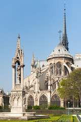 Fototapeta na wymiar Notre-Dame de Paris cathedral from the gardens on a sunny day, Paris, France