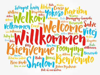 Willkommen (Welcome in German) word cloud in different languages, conceptual background