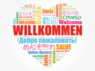 Willkommen (Welcome in German) love heart word cloud in different languages, conceptual background