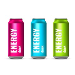 A set of energy drinks in tin cans. Summer cooling drinks. Vector 3d illustration - 169537692