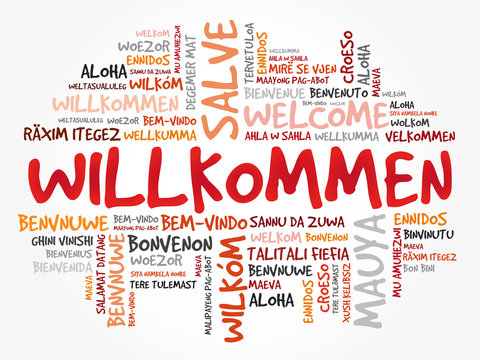 Willkommen (Welcome in German) word cloud in different languages, conceptual background